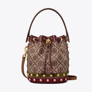 NWT! NEW Tory Burch T Monogram Jacquard Studded Mini Bucket Bag -multi leather